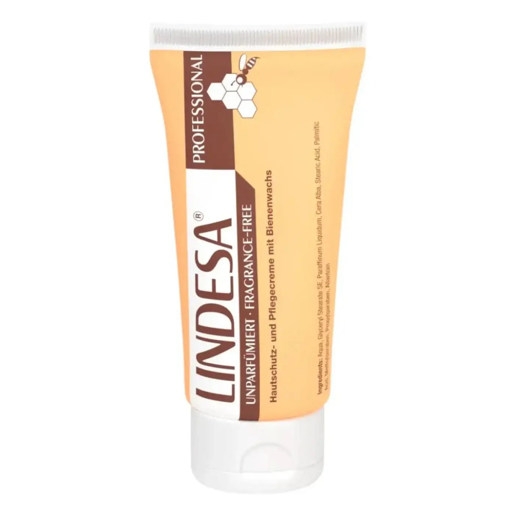 Lindesa professional unparfumiert handcreme in peachfarbener tube mit weißem verschluss und honigwabenetikett