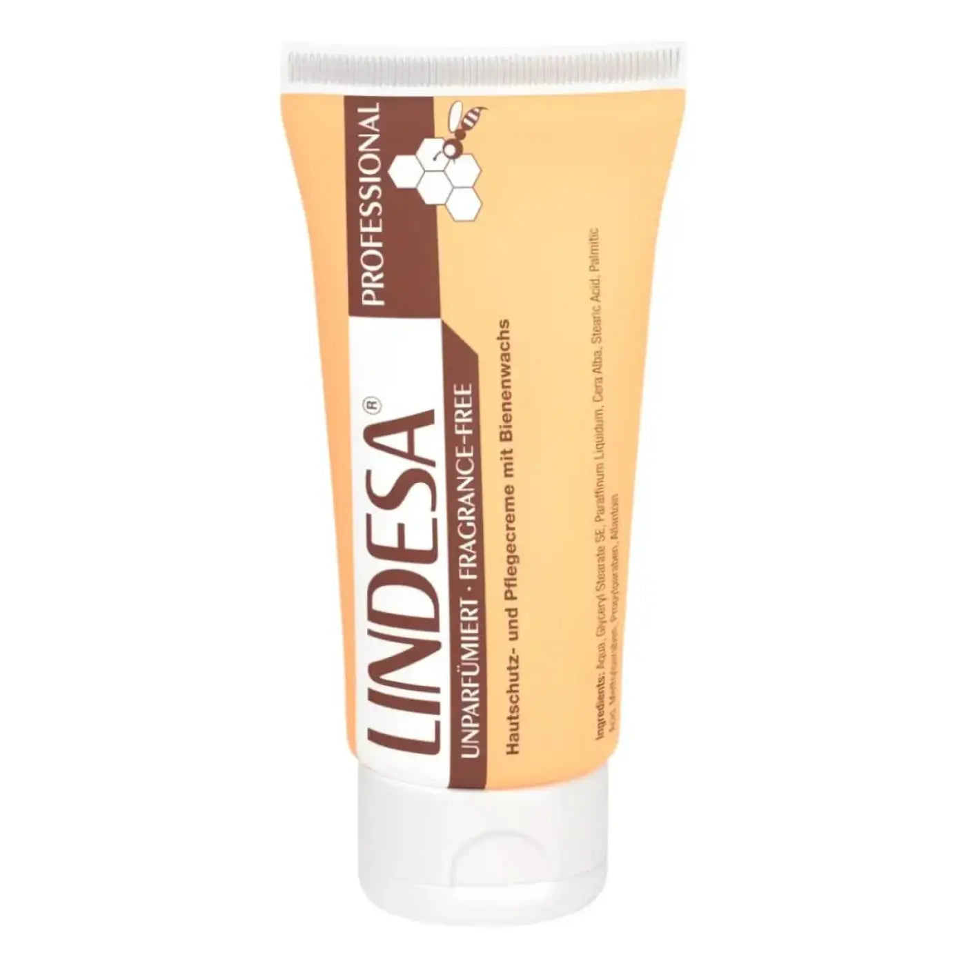 Lindesa professional unparfumiert handcreme in peachfarbener tube mit weißem verschluss und honigwabenetikett