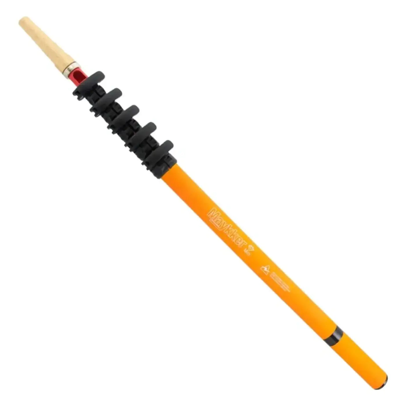 Orange teleskopstange mit schwarzen segmenten und hellem holzgriff von mastwater modell maykker mini hybrid teleskopstange