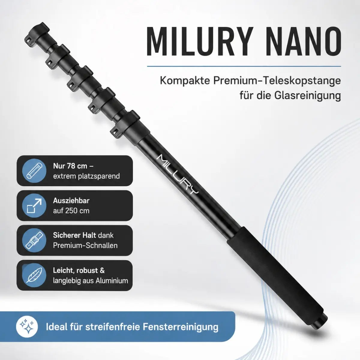 MILURY NANO Varilla telescópica 78cm-250cm para limpieza de cristales