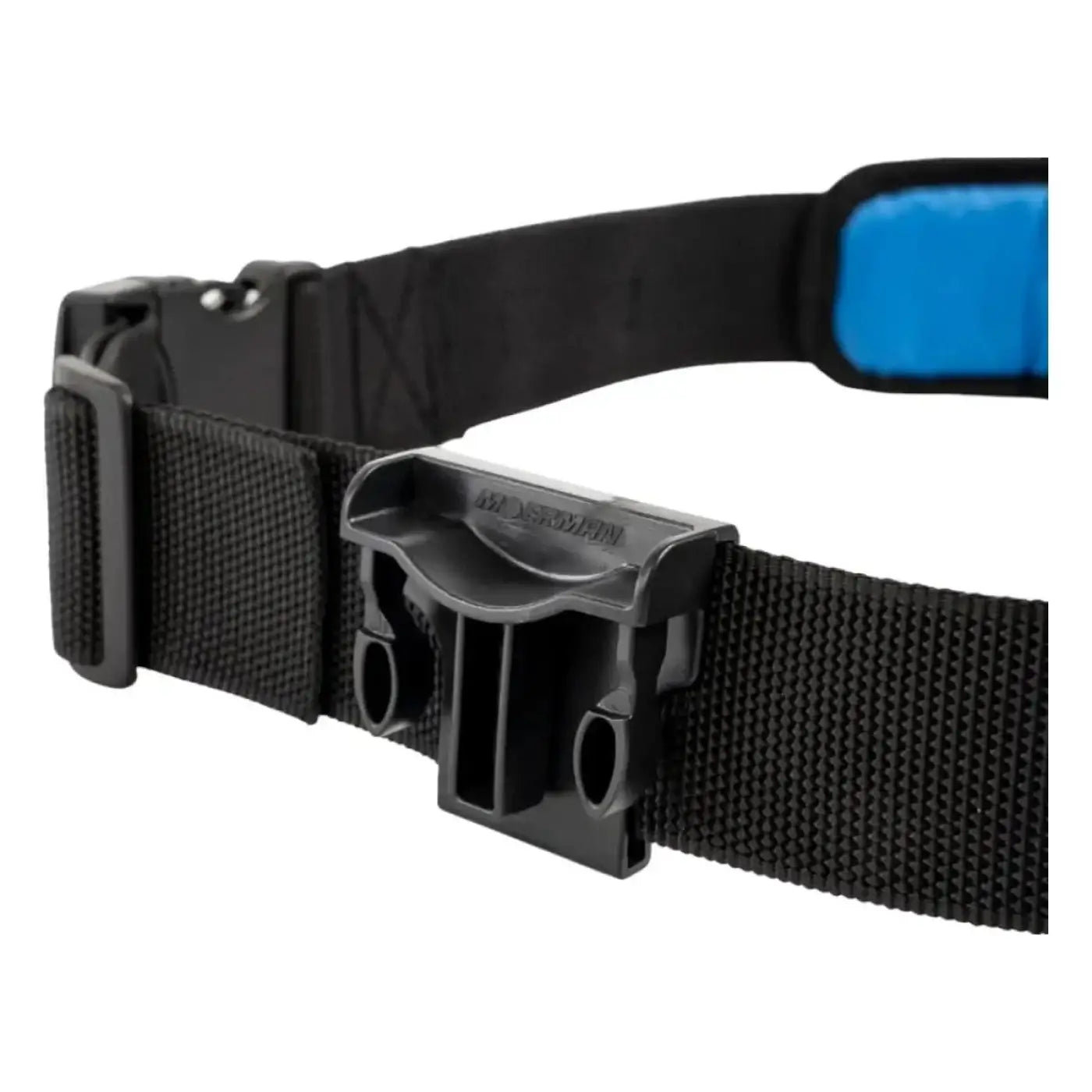 Schwarzer moerman comfort belt gürtel aus nylon mit blau gepolstertem abschnit und robustem kunststoffverschluss