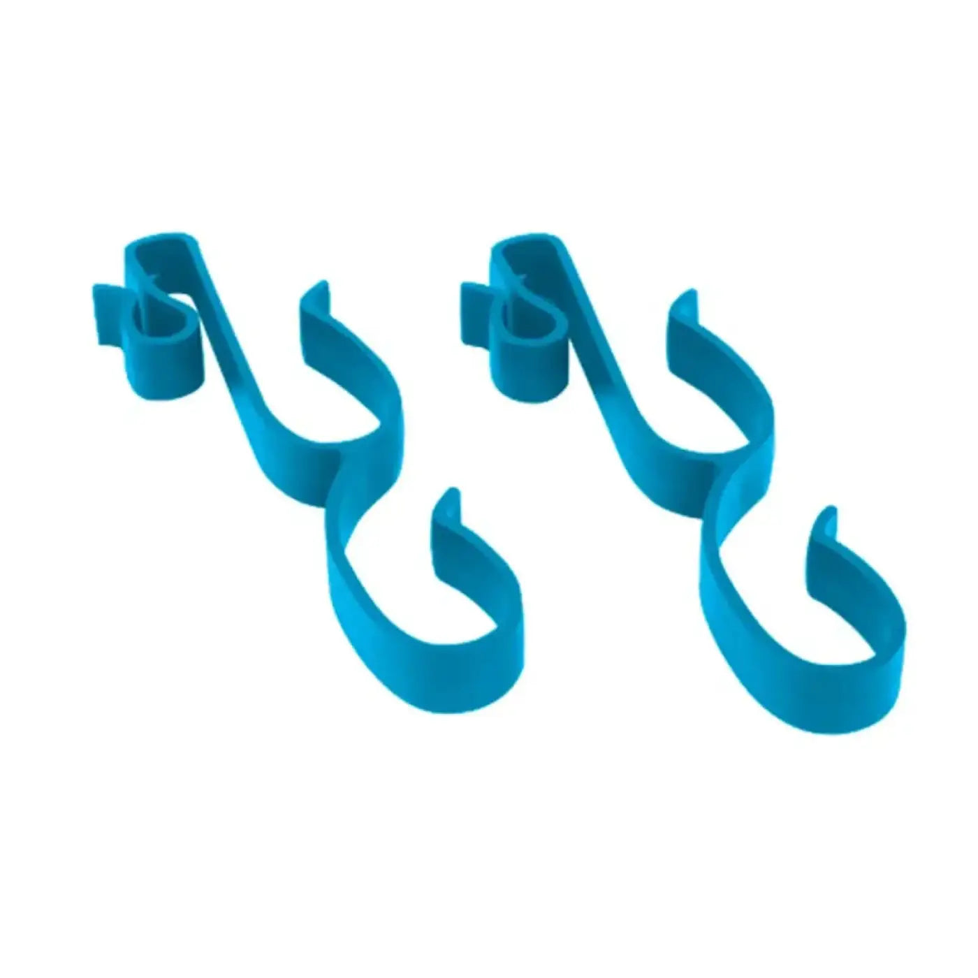 Zwei leuchtend blaue kunststoff weihnachtsbaummanschetten mit gebogenem haken für den moerman doppel-werkzeughalter