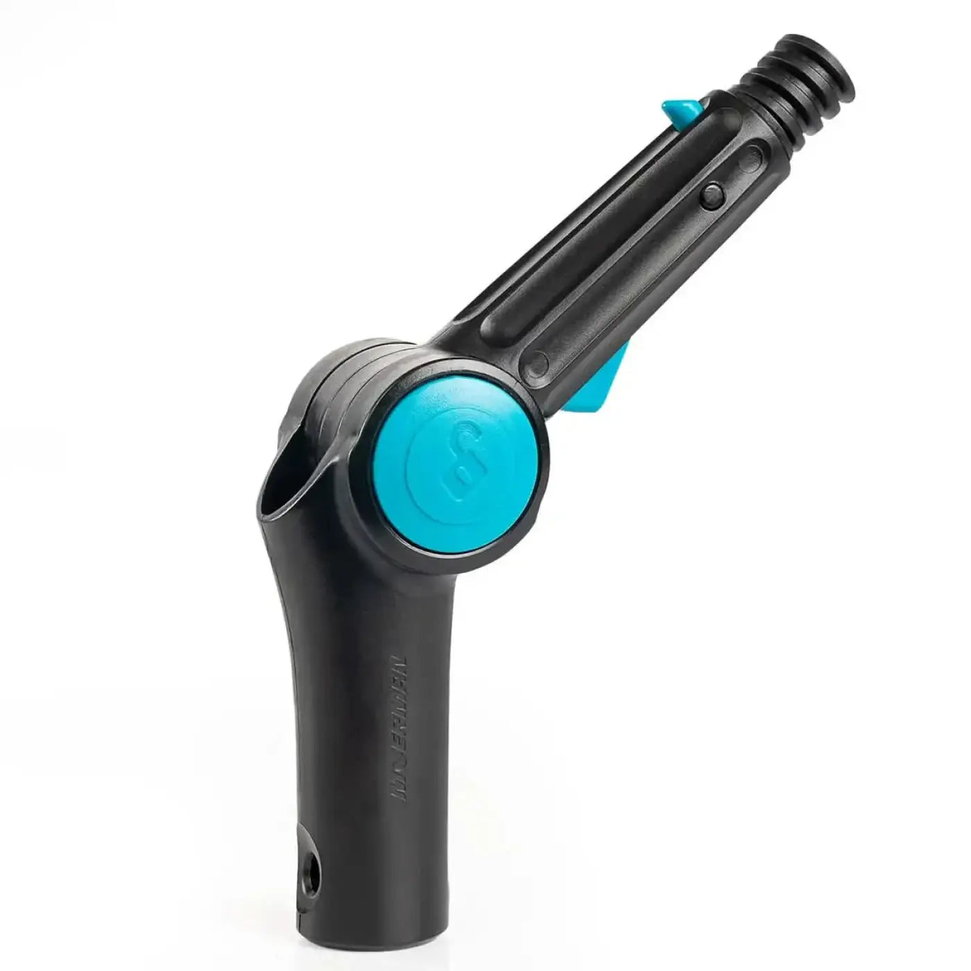 Schwarzer kunststoff-gartenschlauchdüse mit türkisfarbener auslösetaste und verstellbarem sprühmuster moerman dr angle mini winkel-adapter