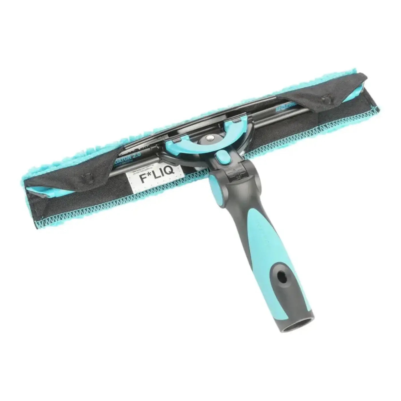Teal und schwarzer fliQ squeegee mit texturiertem griff und mikrofaser-pads für moerman excelerator fensterwischer griff 2.0