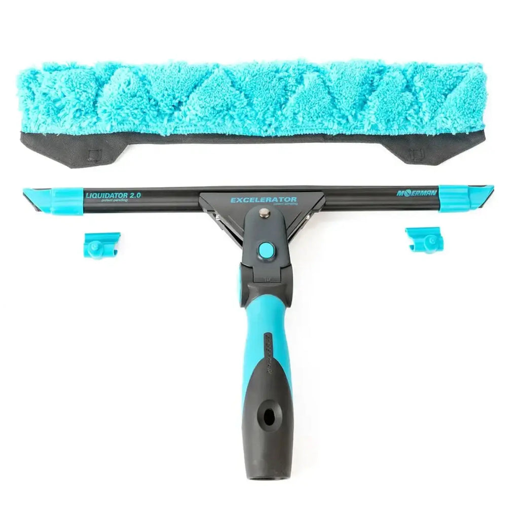 Turquoise und schwarze liquidator 2.0 excelerator squeegee mit plüsch-mikrofaserkopf für effizientes fensterputzen