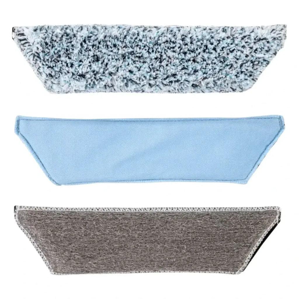 Three microfiber mop pads in gray light blue and dark gray with textured surfaces for moerman gekko padhalter fenstereinwascher