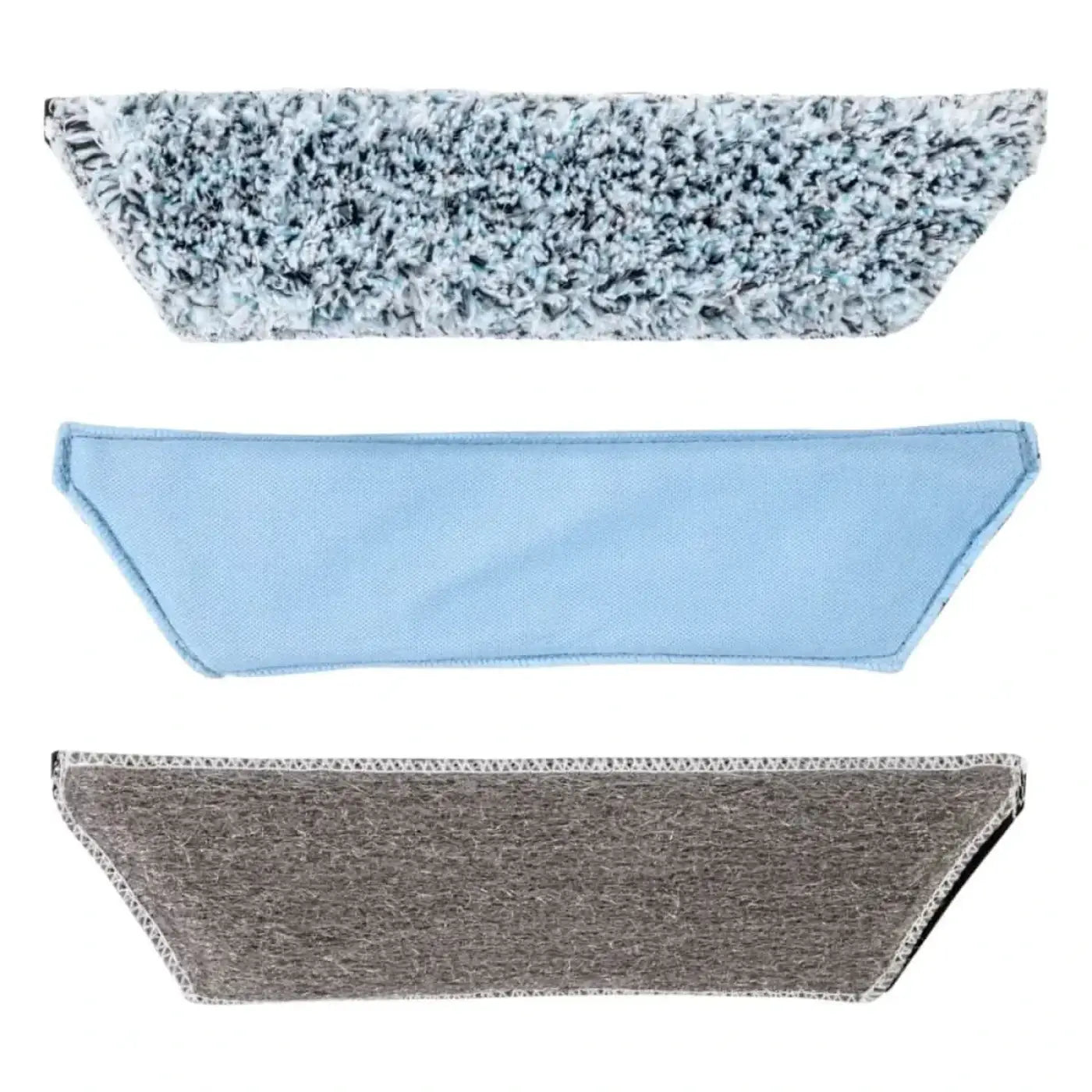 Three microfiber mop pads in gray light blue and dark gray with textured surfaces for moerman gekko padhalter fenstereinwascher