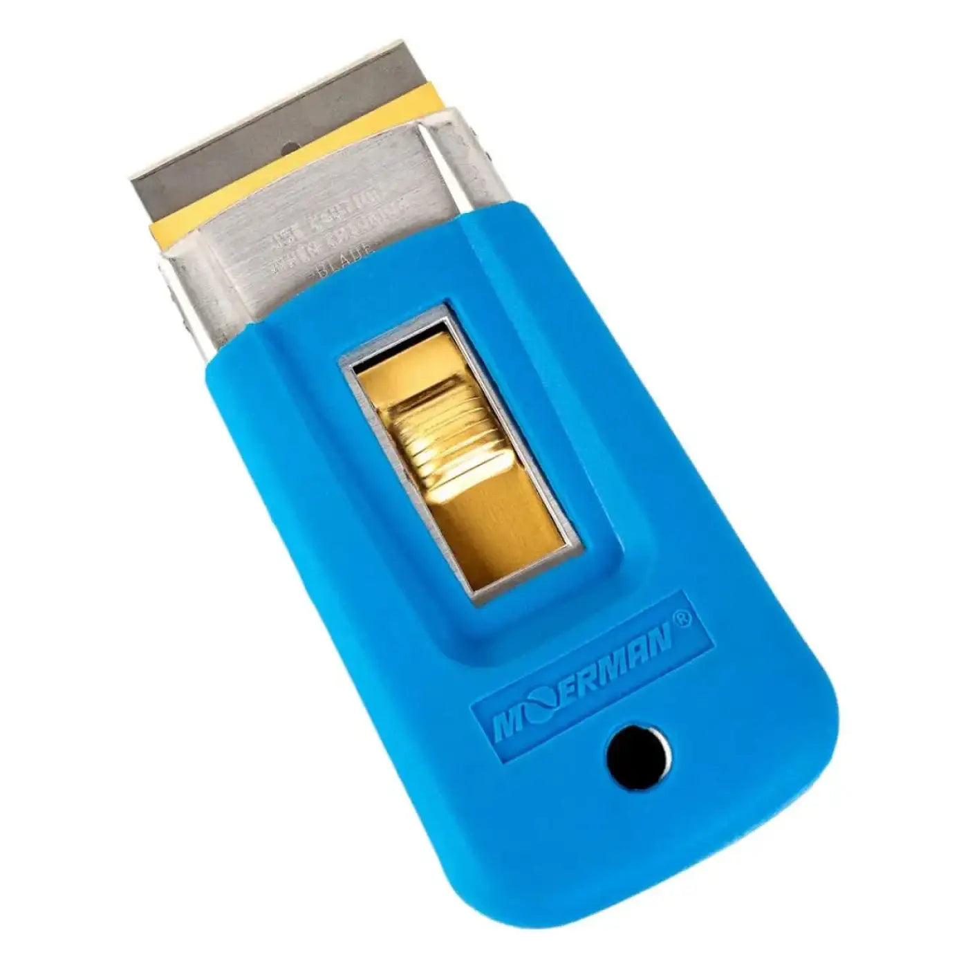 Blaues plastik-griff utility-messer moerman glasschaber mit 4cm metallklinge und goldfarbener mechanismus