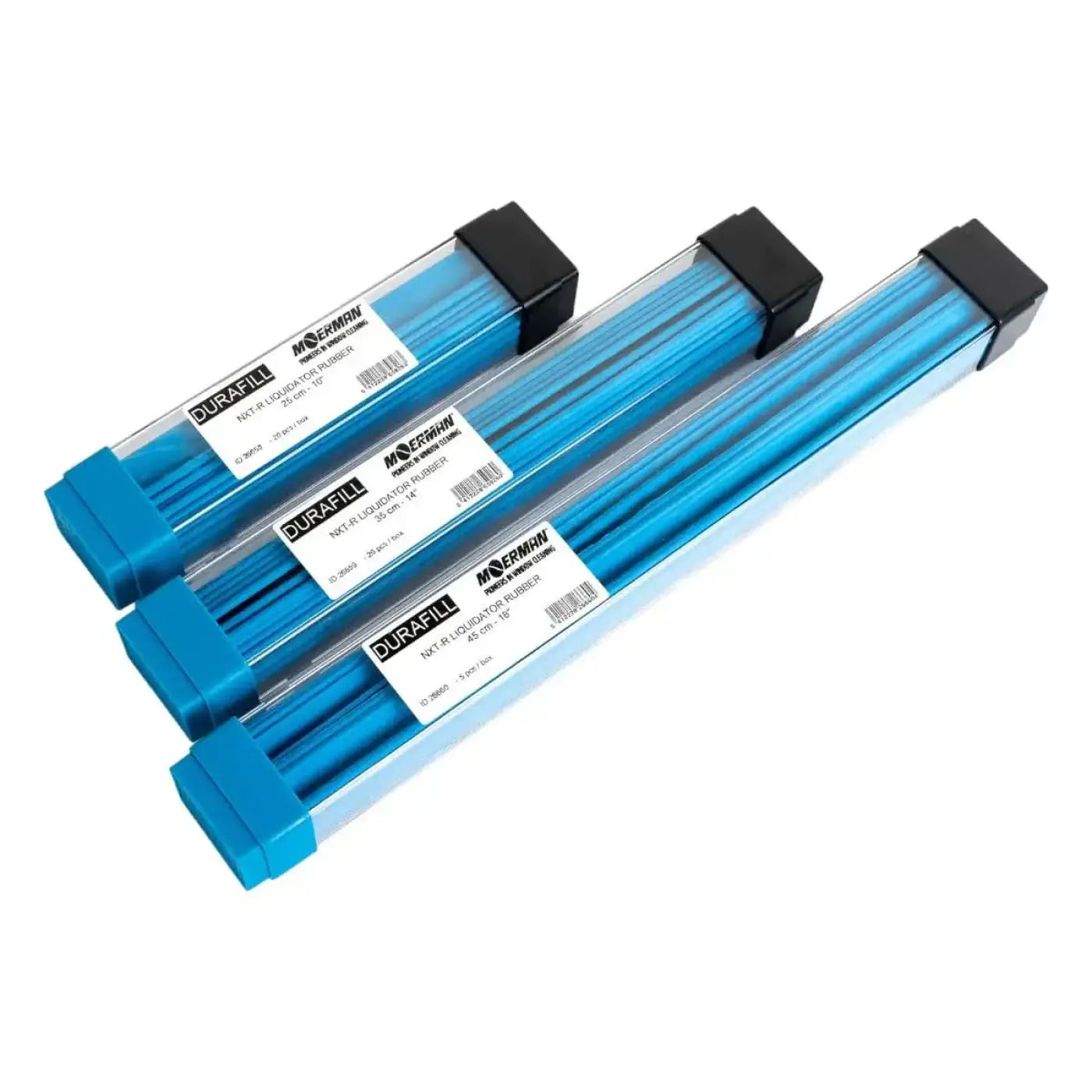 Drei blaue durafill npt-6r liquidator gummistöcke mit schwarzen kapseln in klarer plastikverpackung für moerman liquidator nxt-r gum 20er box