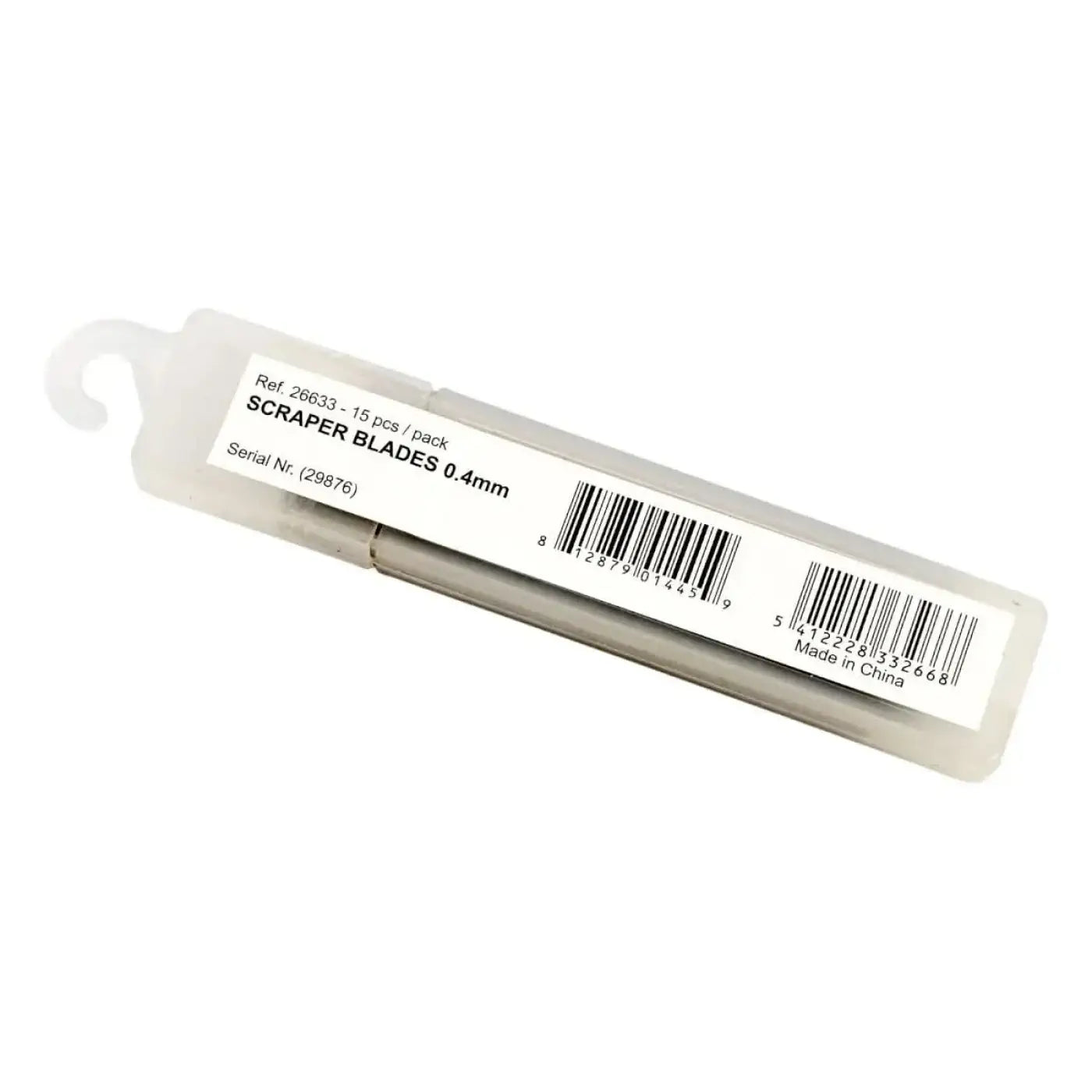 Klare kunststoffverpackung mit 15 moerman premium ersatzklingen für schaber 0 4 mm mit referenz und barcode