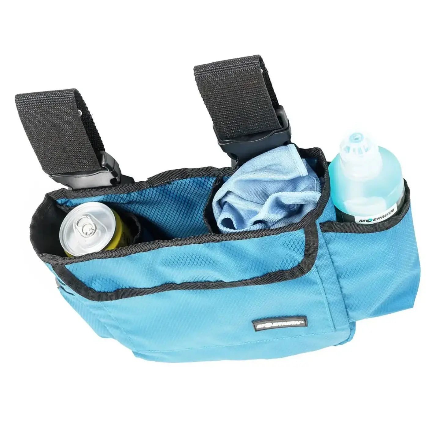 Lichtblaue mesh-organizer mit schwarzem rand und verstellbaren riemen zum halten von getränken und kleinen gegenständen moerman side kit gürteltasche