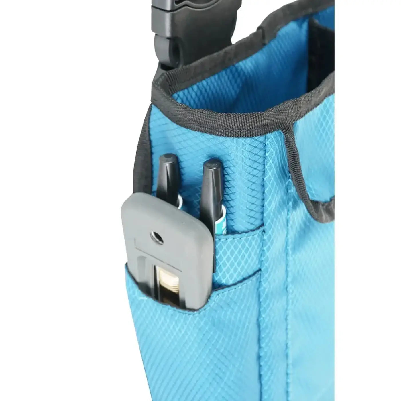 Moerman side kit gürteltasche blaue strukturierte stofftasche mit schwarzer einfassung und grauem plastikclip für stifte