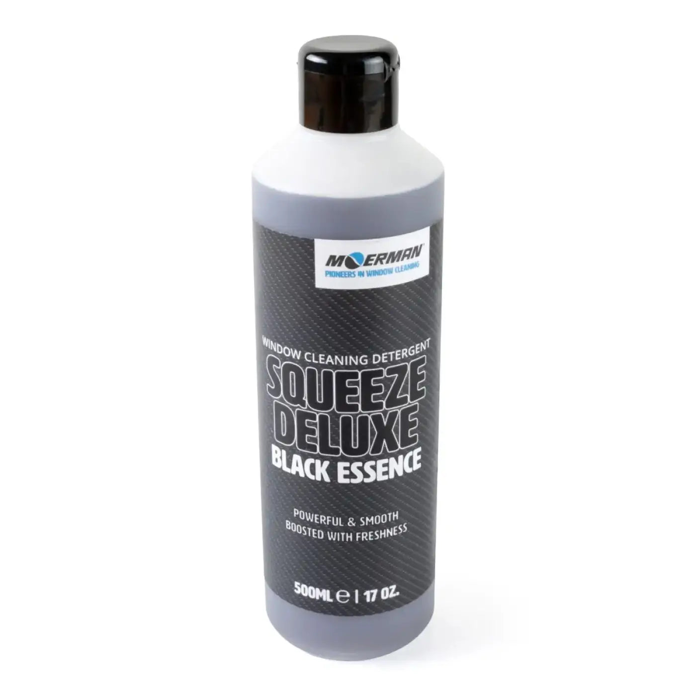 Moerman squeeze deluxe black essence fensterreiniger 500ml flasche mit schwarzem deckel und dunkelgrauer flüssigkeit