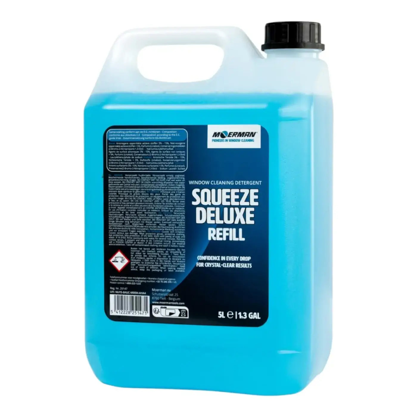 Bright blue liquid-filled plastic jug with black cap and handle labeled moerman squeeze deluxe refill for window cleaning
