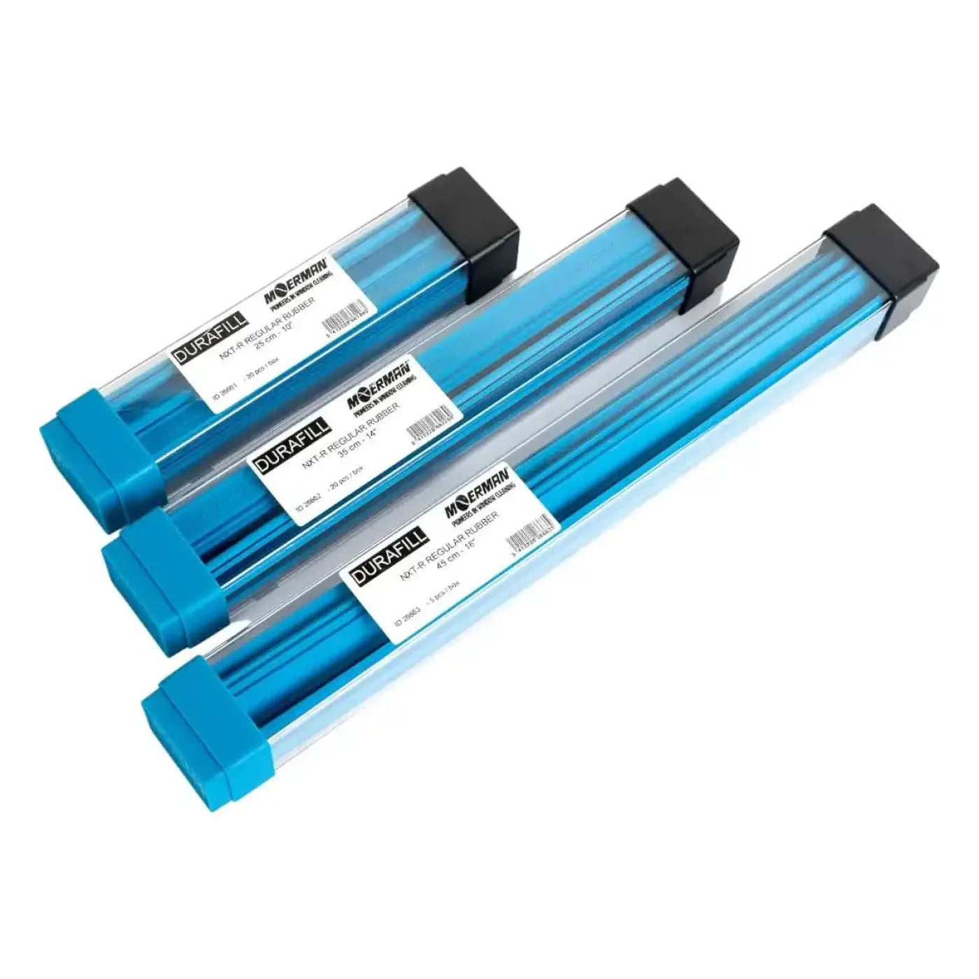 Drei blaue durafill mergen schweißstäbe in klaren plastikröhren mit schwarzen deckeln im moerman standard nxt-r wischergummi 20er box