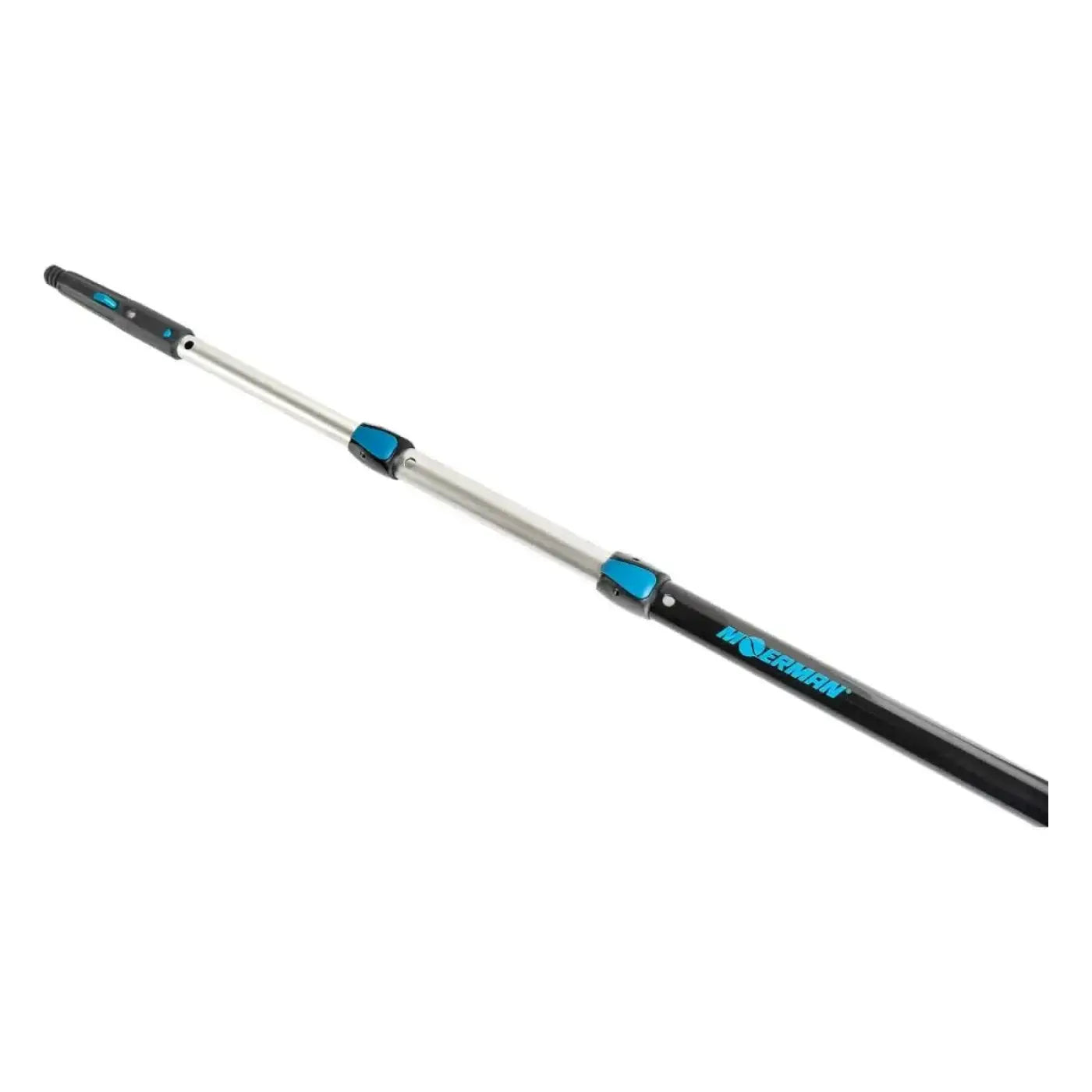 Schwarze und silberne ausziehbare teleskopstange mit blauen akzenten und worx markierung am griff 2,4m
