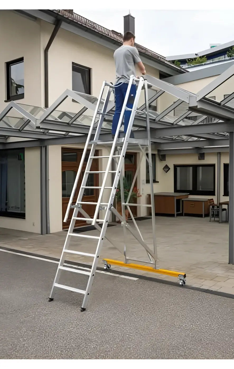Silver aluminium a-rahmenleiter mit gelber basis und rollen munk plattformleiter klappbar und fahrbar
