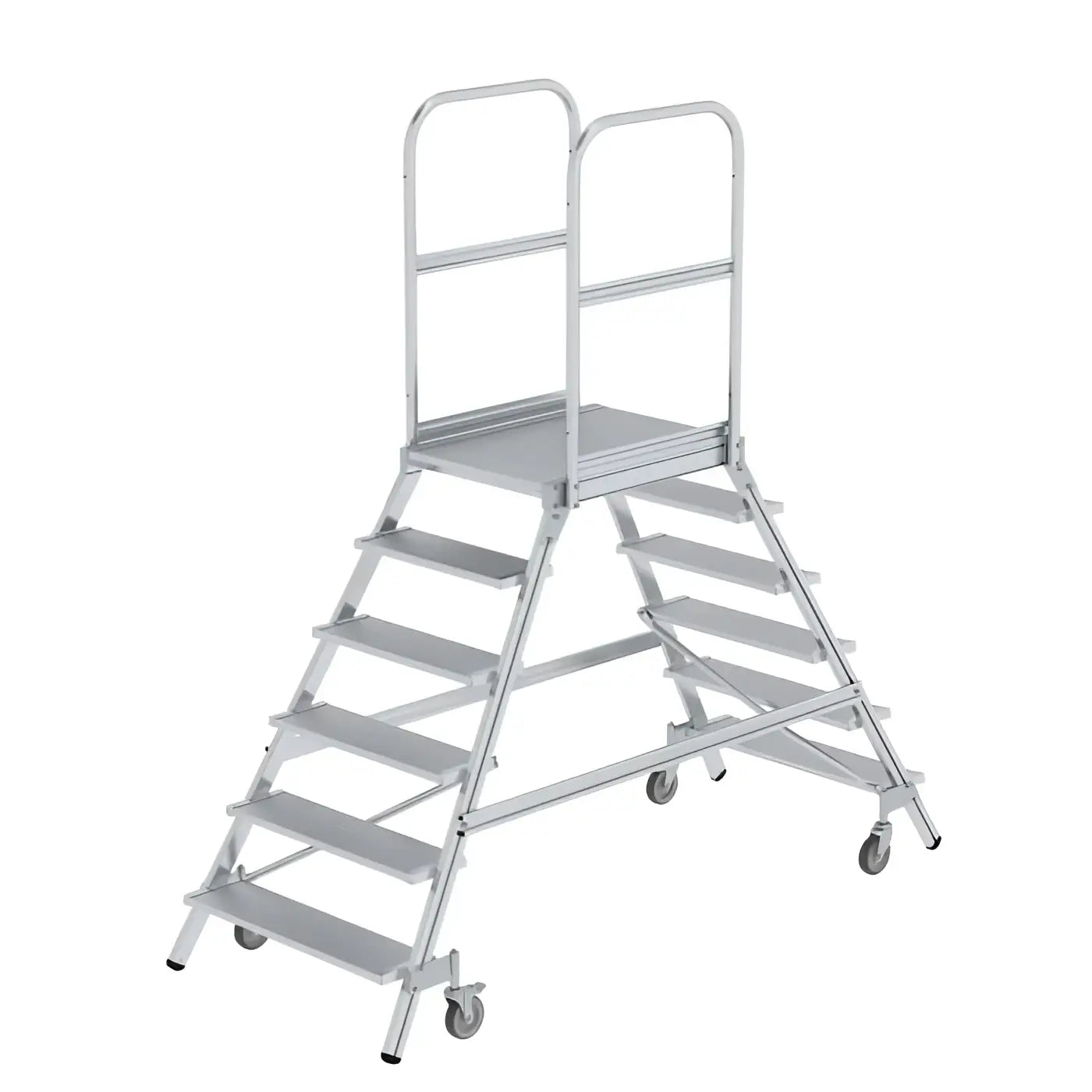Silberfarbene aluminum podesttreppe von munk mit beidseitigem zugang sicherheitsgeländer und federrollen