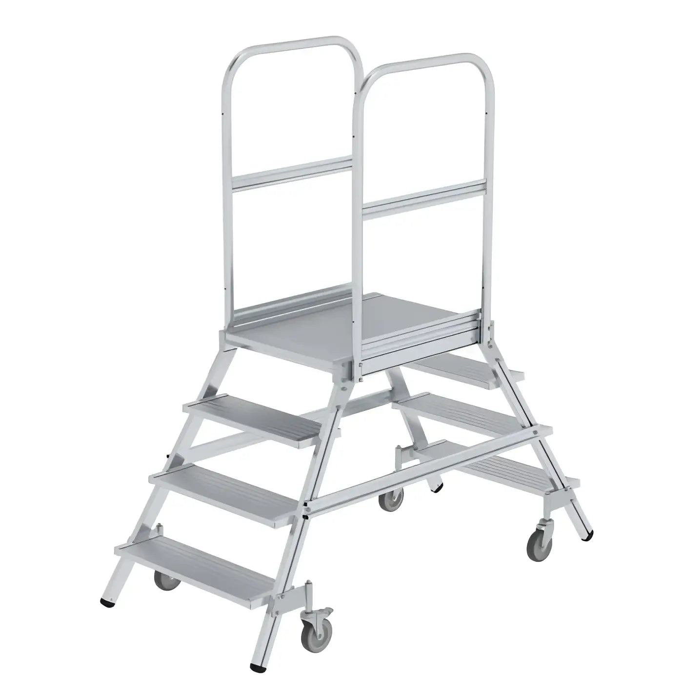 Silver aluminium step ladder munk podesttreppe with four steps platform and handrails with spring rollers