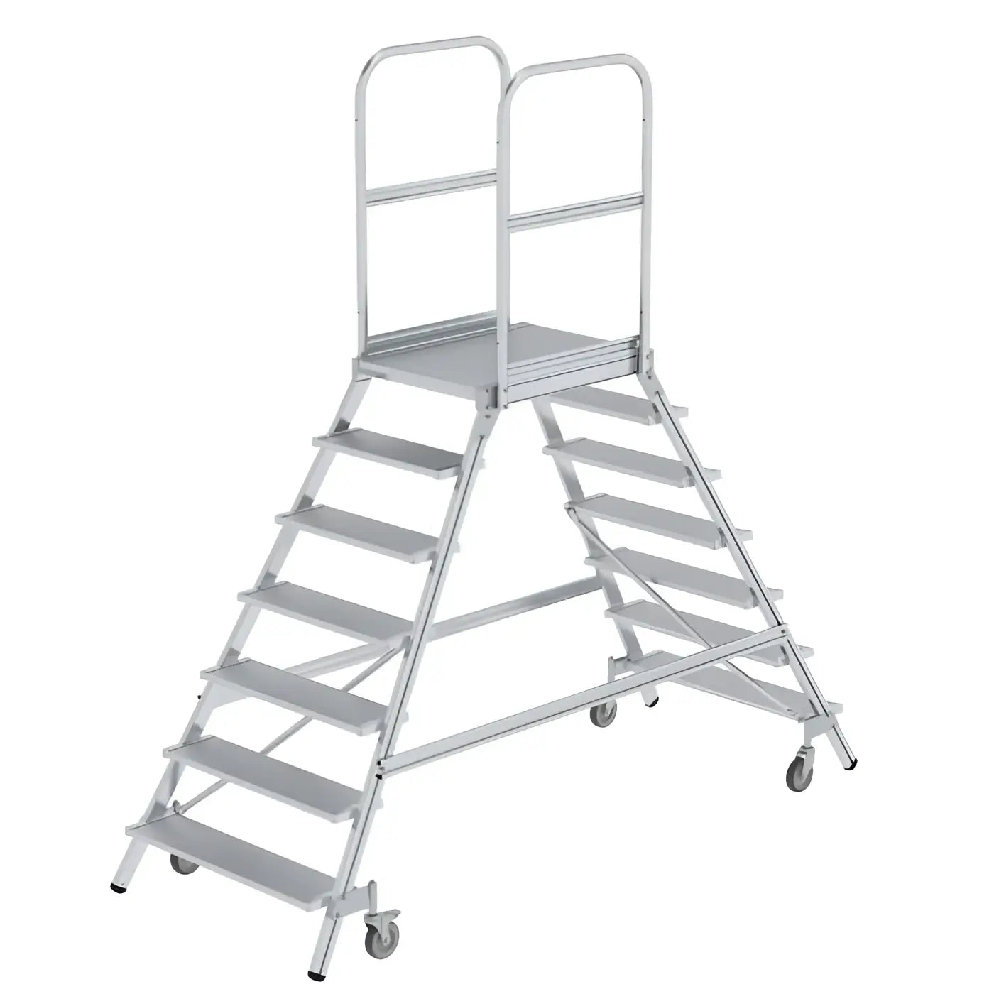 Silberne aluminum podesttreppe munk beidseitig begehbar mit sicherheitsgeländer und federrollen sichtbar