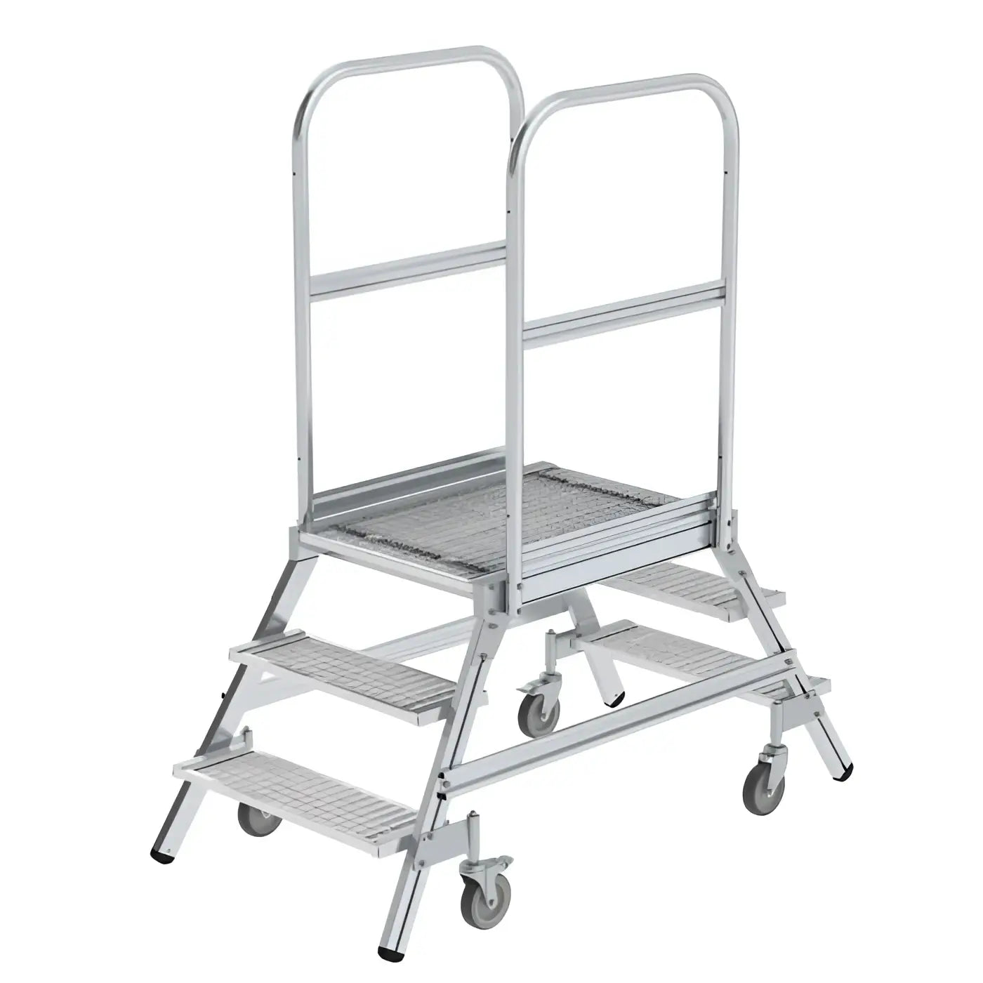 Silberne aluminium podesttreppe beidseitig begehbar mit gitterrost und vier federrollen aus stahl