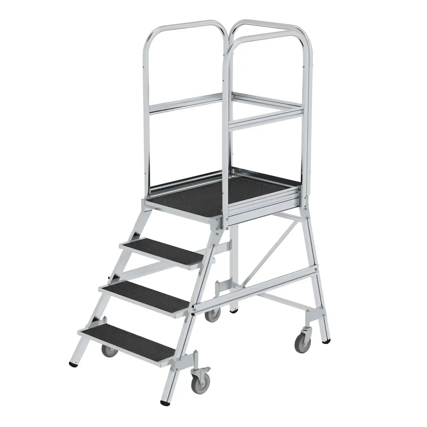 Silberne aluminium podesttreppe einseitig begehbar mit schwarzen rutschfesten stufen und federrollen korundbeschichtung r13