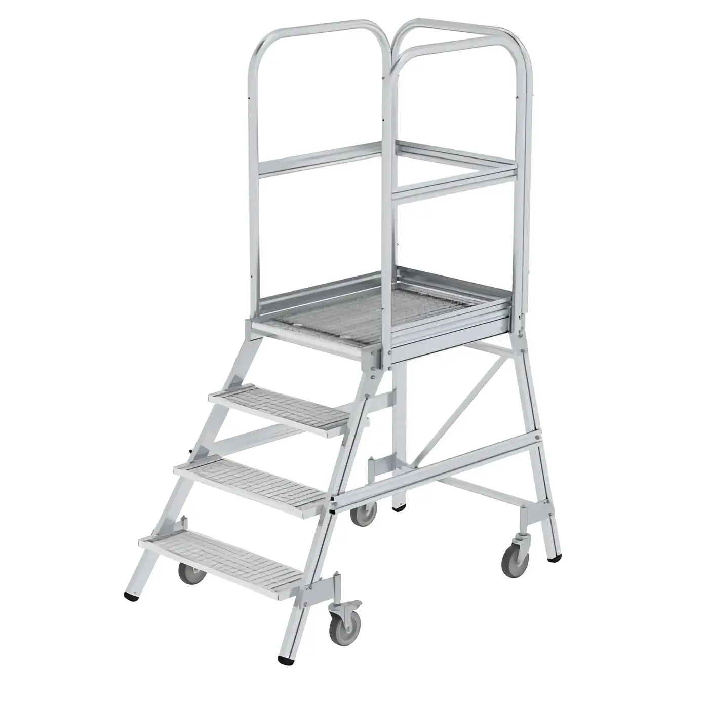 Silberne aluminum podesttreppe mit vier stufen, gitterrost-plattform und sicherheitsgeländern von munk