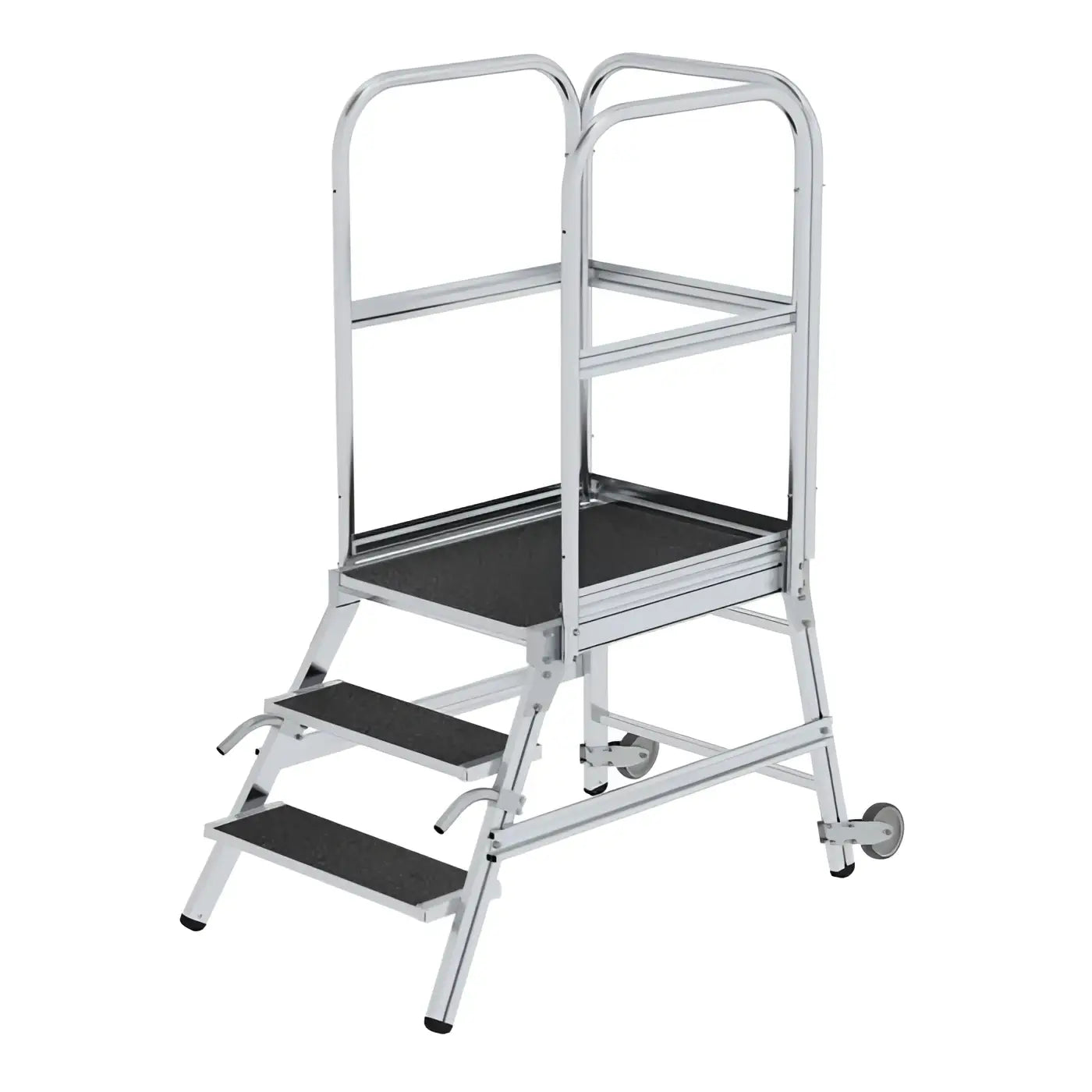 Munk podesttreppe einseitig begehbar aus silbernem aluminium mit schwarzen rutschfesten gummistufen und rollen