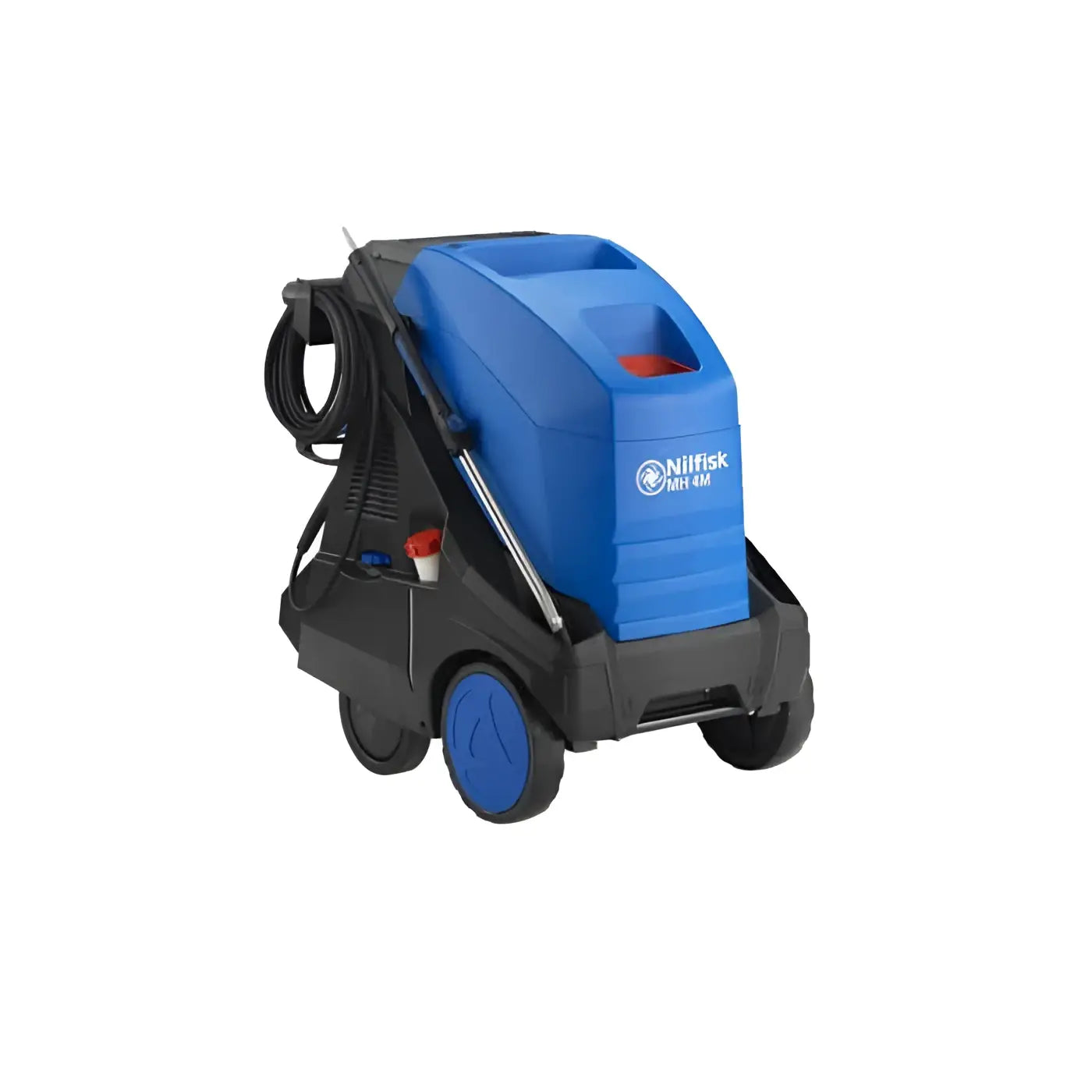Nilfisk hochdruckreiniger mh 4m-180/860 fa eu in blau und schwarz mit auf rollen montiert und aufgewickeltem schlauch