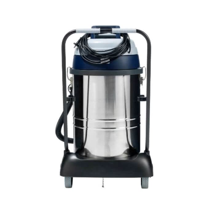 Nilfisk VL100-75 EU go nasssauger trocken sauger industrial edelstahl nass und trocken mit blau grauem gehäuse und rollen