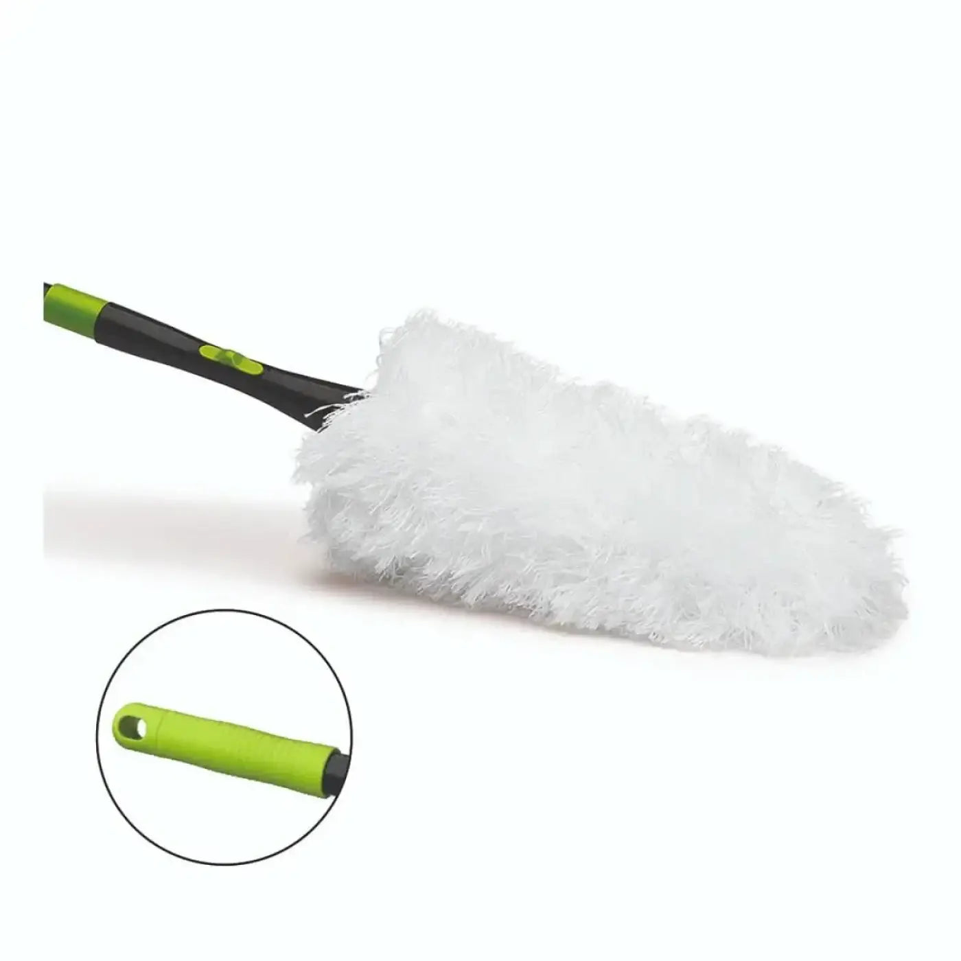 Weißes flauschiges auto detailing staubwedel mit schwarzem und limettengrünem griff aus mikrofaser mit teleskopstiel 195cm