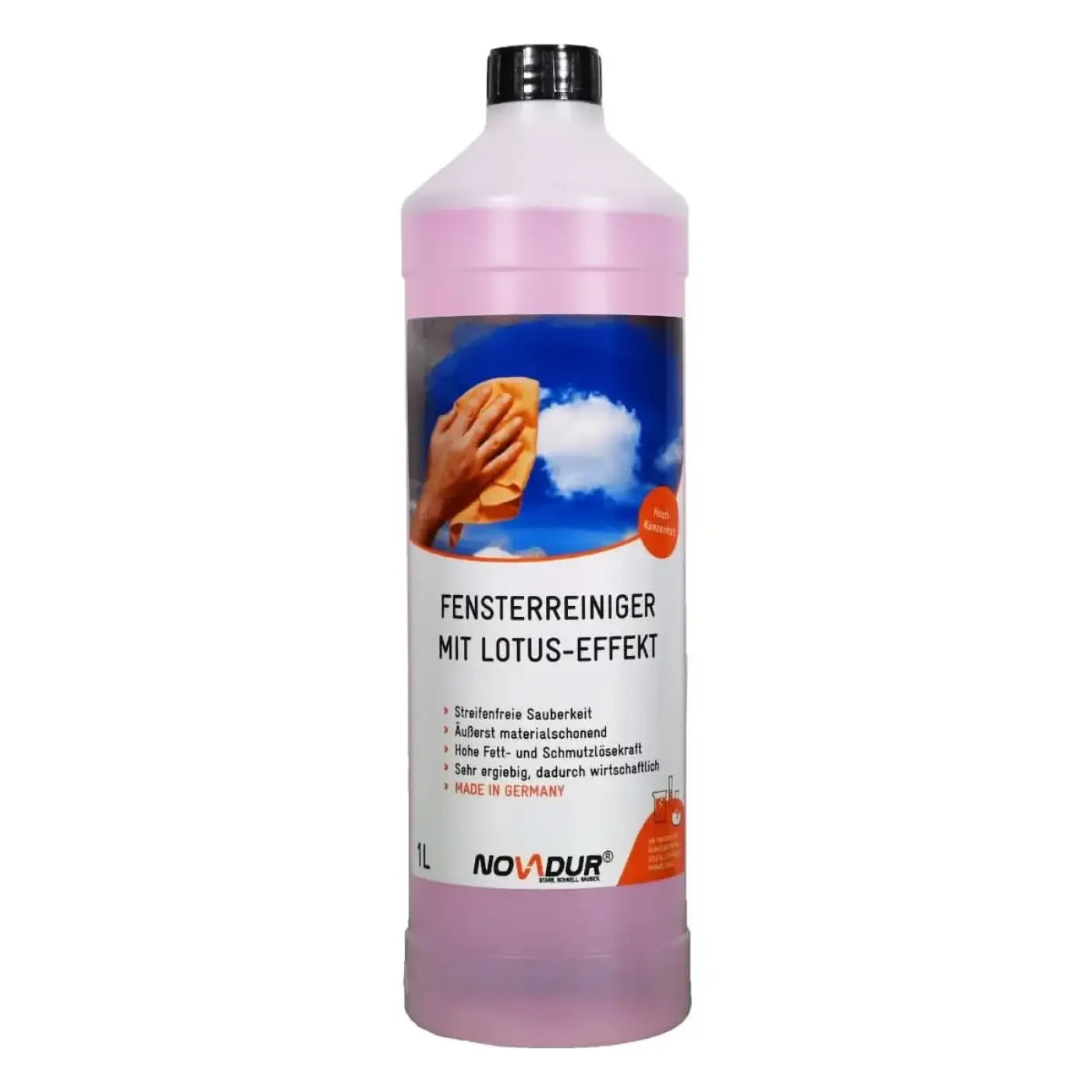 Ein 1-liter flasche novadur fensterreiniger mit lotus effekt hochkonzentrat rosa flüssigkeit und wasserabweisendem etikett