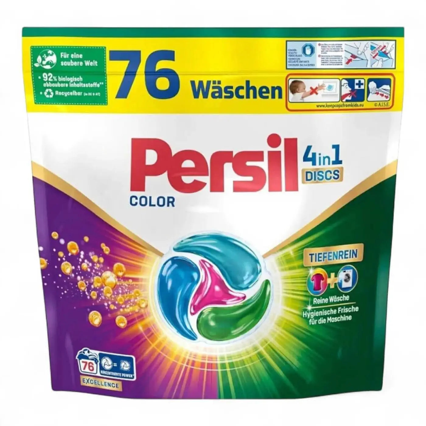 Persil colorwaschmittel 4 in1 discs color 76wl in bunter lila, grüner und gelber verpackung für 76 waschladungen