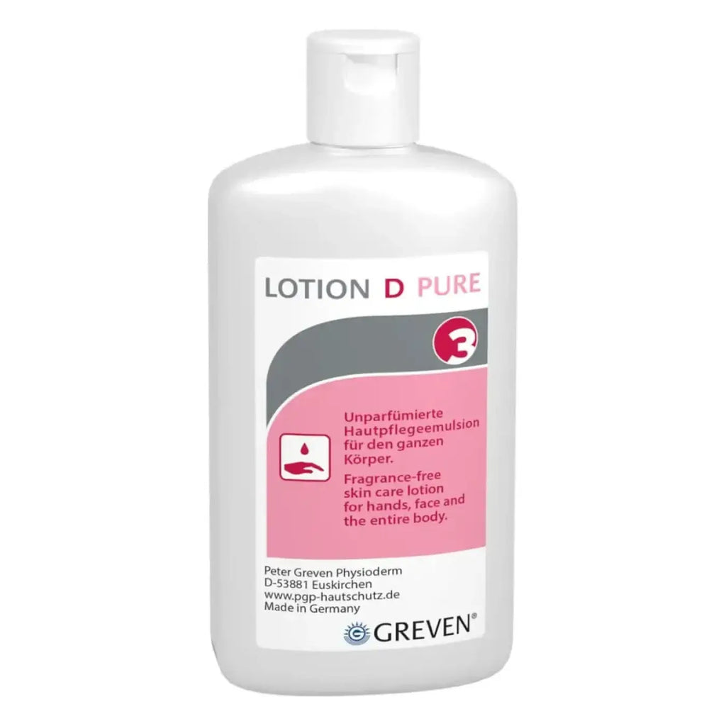 Weiße kunststoffflasche lotion d pure unparfümierte hautpflege für hände gesicht und körper von peter greven
