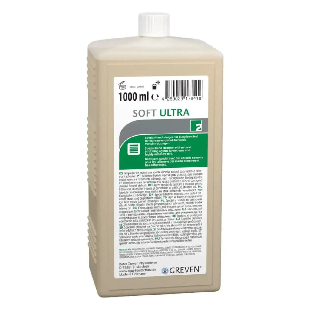 Beige kunststoffflasche greven soft ultra 1000 ml handreiniger mit weißem verschluss und grünem etikett von peter greven