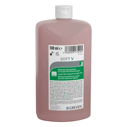 Rosa plastikflasche mit weißem deckel und etikett von greven soft v für milde hautreinigung