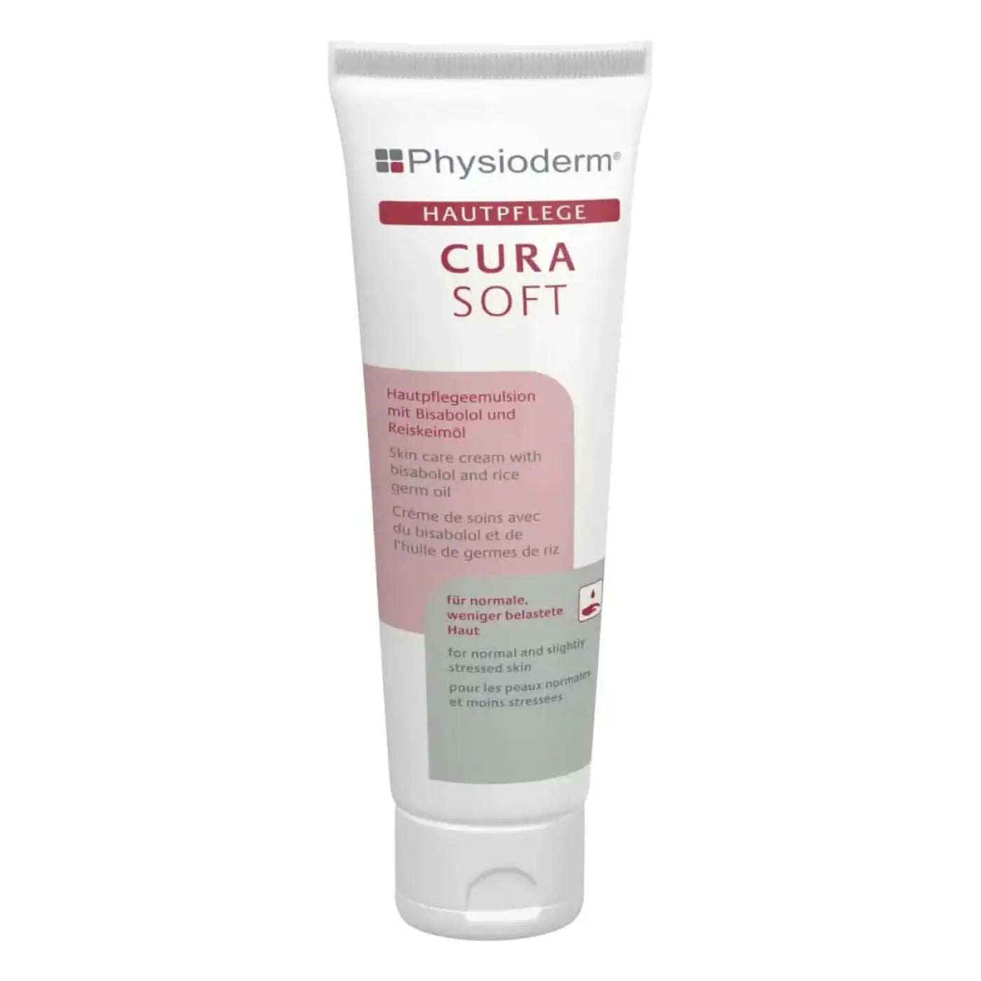 Physioderm cura soft hautpflegecreme in weißer tube mit rosa und grauer etikettierung enthält bisabolol und reisöl für normale bis leicht beanspruchte haut