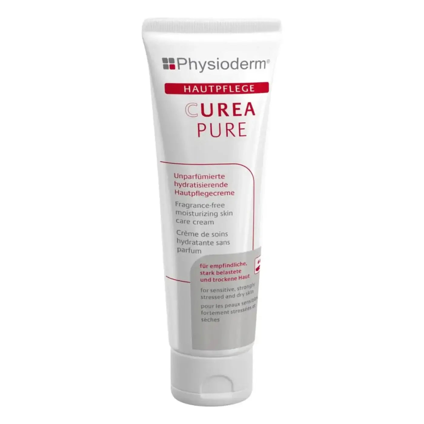 Weiße tube physioderm curea pure unparfümiert feuchtigkeitsspendende gesichtspflegecreme ohne duftstoffe