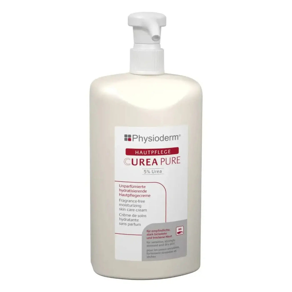 Eine weiße plastikflasche physioderm curea pure 5 prozent harnstoff unparfümiert feuchtigkeitsspendende hautcreme mit passendem pumpenspender