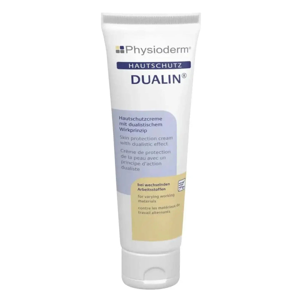 Physioderm dualin hautschutzcreme in weißer tube mit blau-beiger etikettierung zur hautpflege
