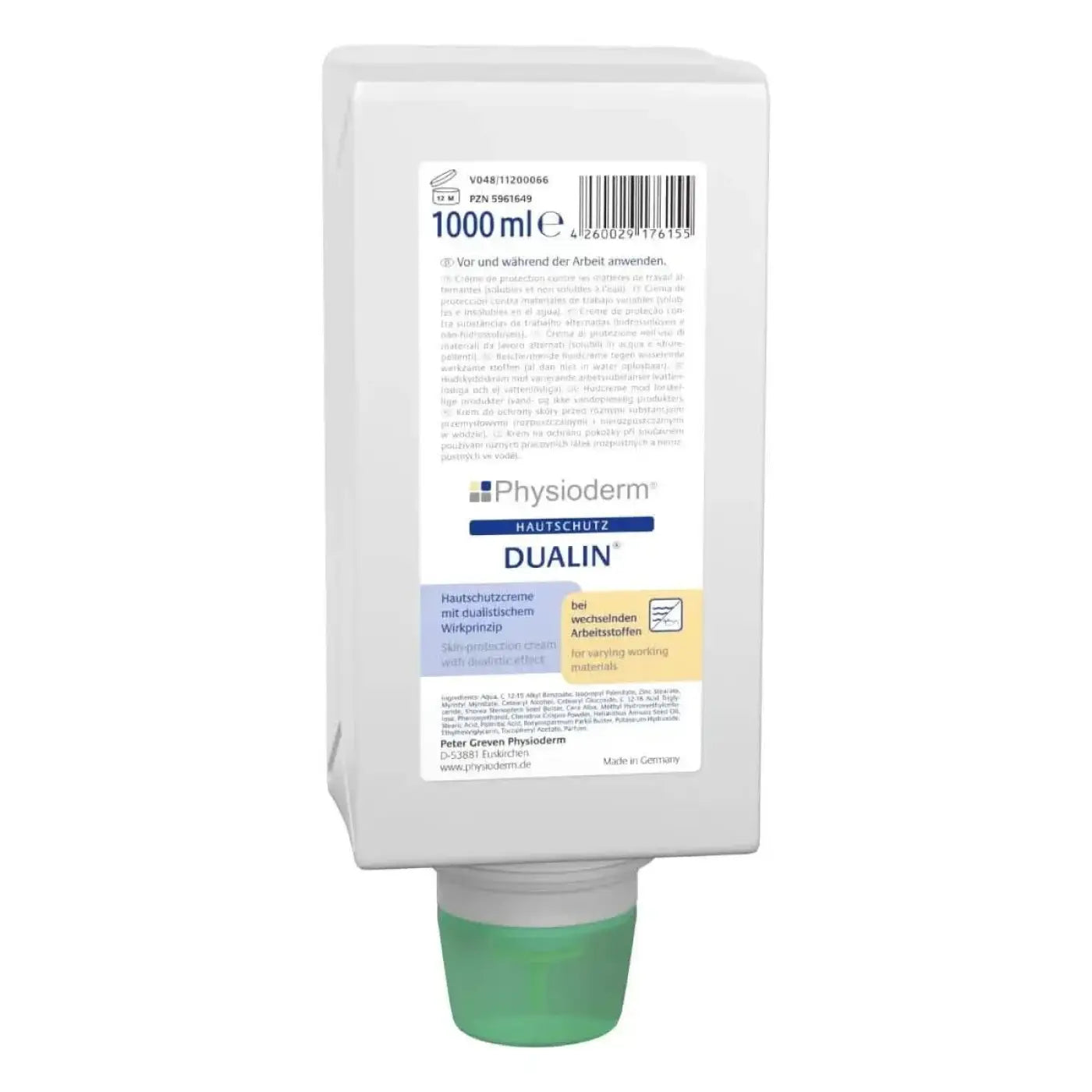 Weiße plastikflasche mit grünem pumpspender physioderm dualin hautschutzcreme für handschutz