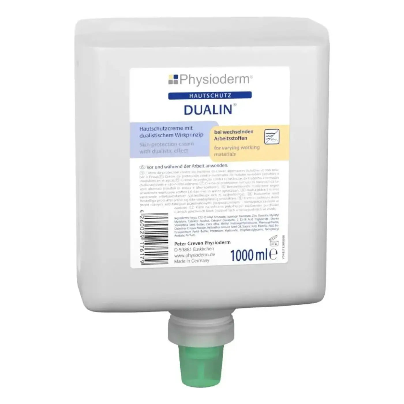 Weiße plastikspenderflasche mit grünem pumpkopf physioderm dualin hautschutzcreme 1000 ml