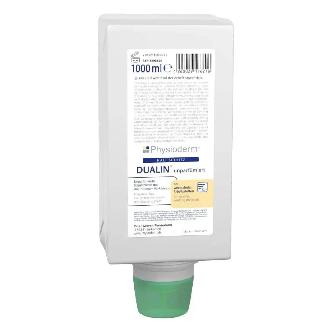Weiße plastikflasche mit grünem verschluss physioderm dualin unparfümierte hautschutzcreme 1000 ml