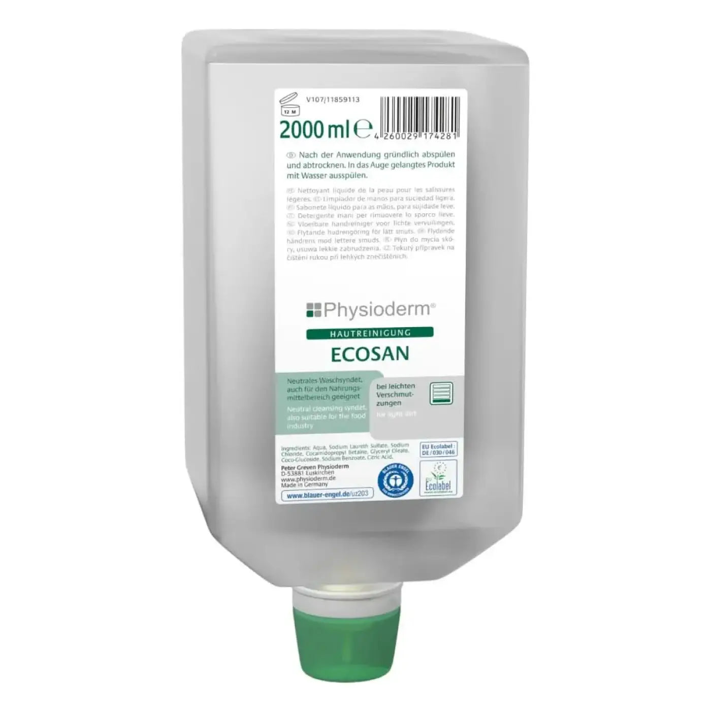 Eine schlanke durchscheinend graue 2000ml physioderm ecosan hautreinigungslotion mit grünem deckel