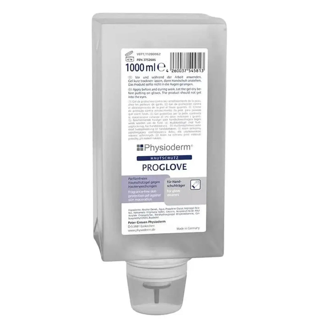 Graue plastikspenderflasche physioderm proglove hautschutzgel mit weißem etikett und schwarzem text zum handschutz