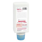 Weiße plastikflasche mit blauem deckel physioderm creme hautpflegecreme für hände und gesicht 1000 ml volumen