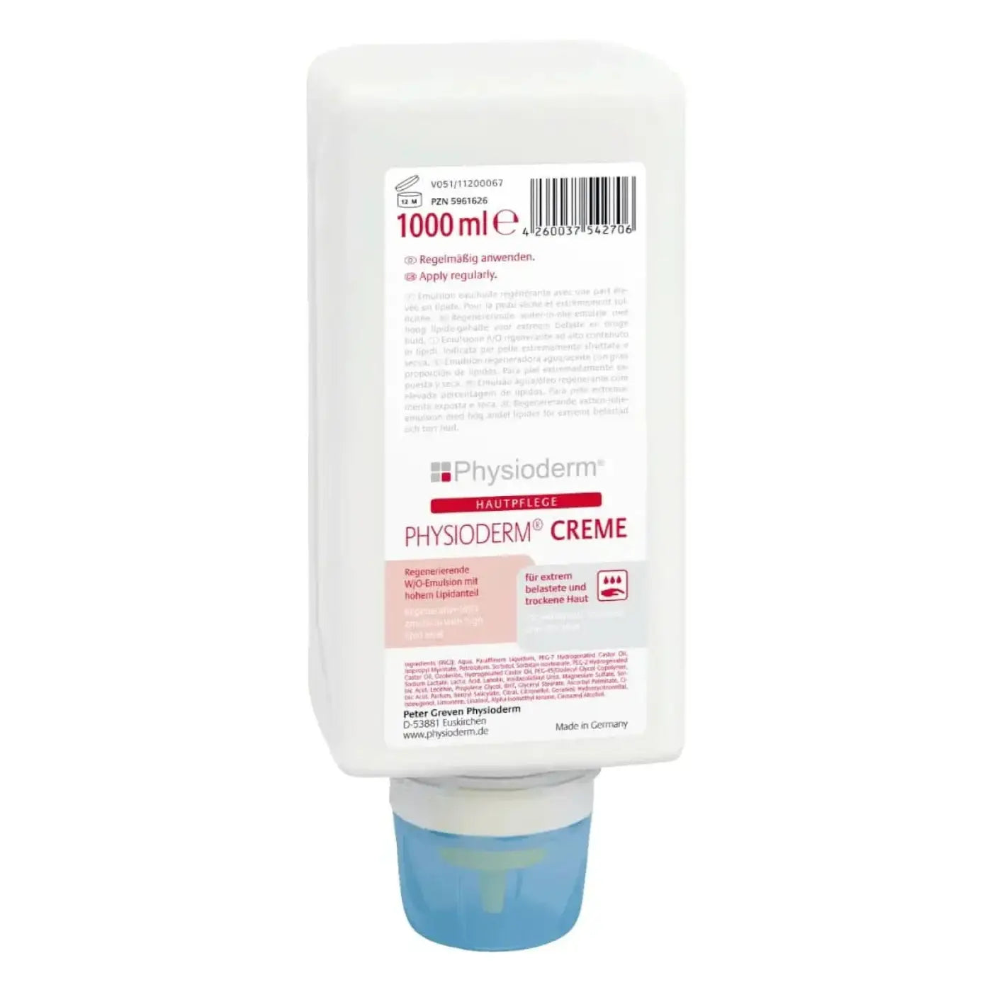 Weiße plastikflasche mit blauem deckel physioderm creme hautpflegecreme für hände und gesicht 1000 ml volumen