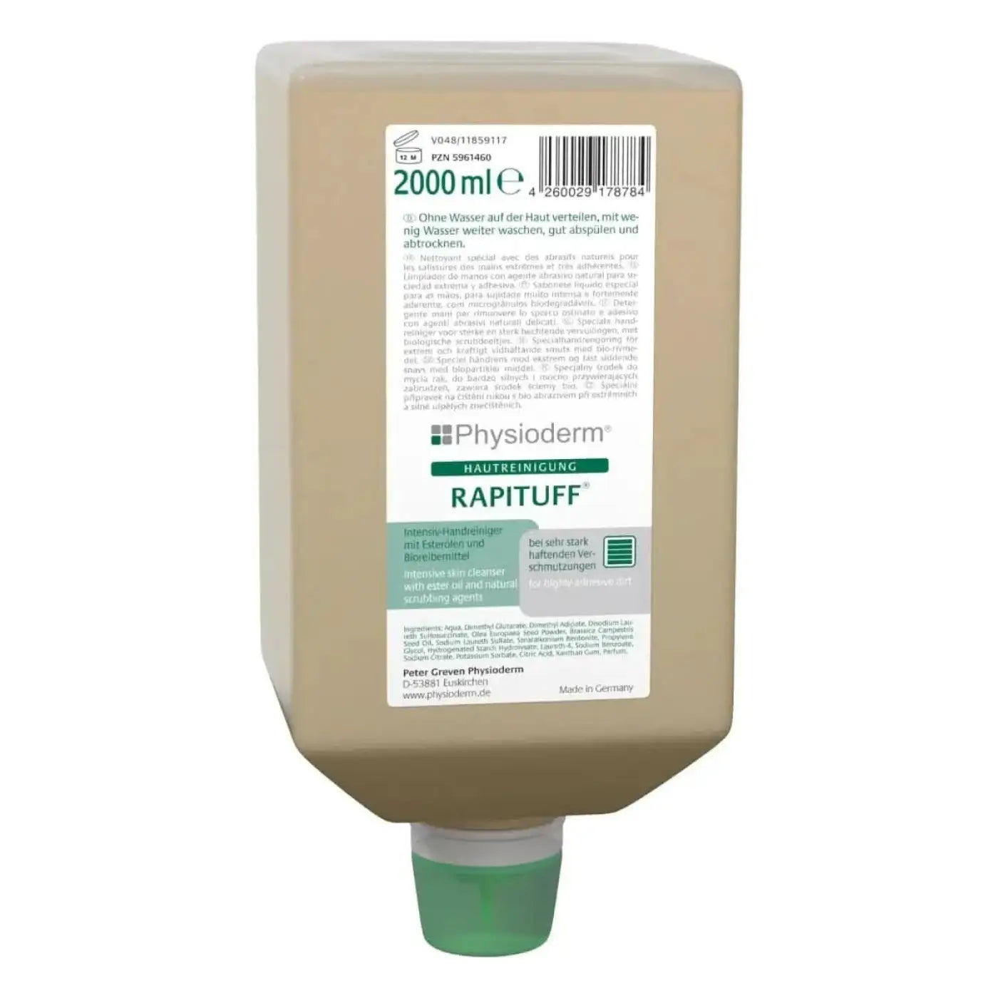 Ein beiger plastikflasche mit grünem verschluss physioderm rapituff intensivreiniger für hautreinigung 2 l varioflasche