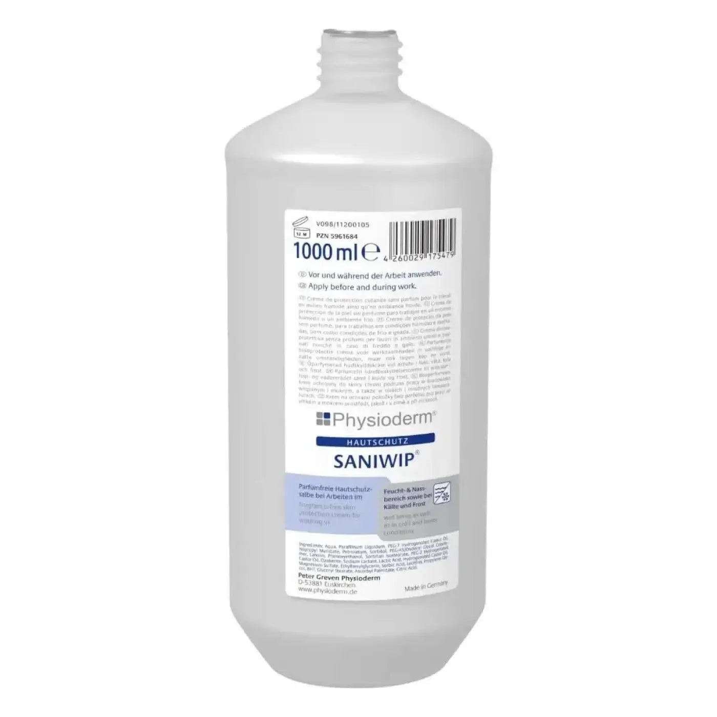 Transparente plastikflasche mit weißem verschluss und label der physioderm saniwip hautschutzcreme in blauem text