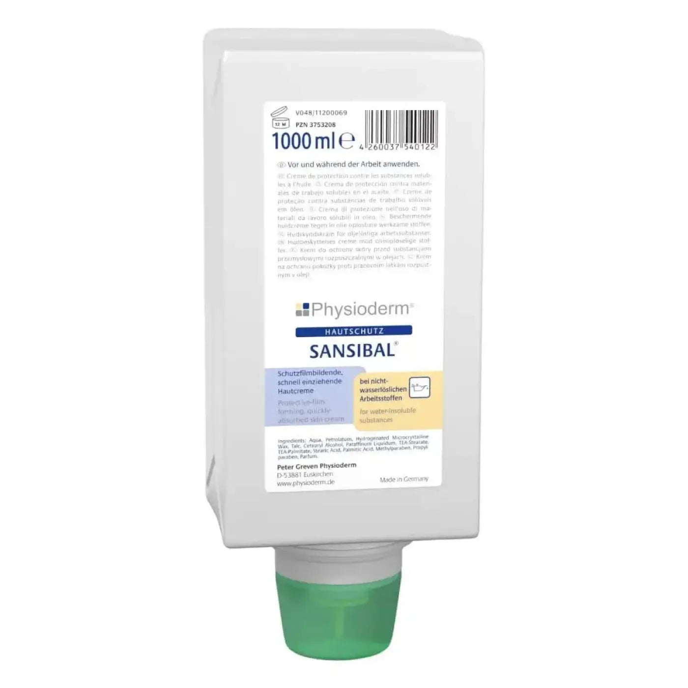 Weiße plastikflasche mit grünem deckel und label physioderm sansibal für schützende handcreme